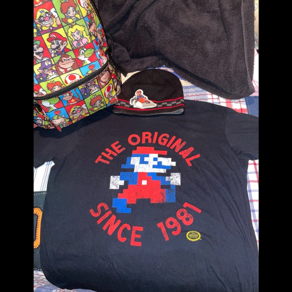 Mario lot shirt double sided beanie and backpack